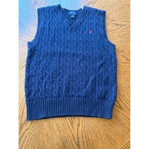Polo Ralph Lauren Boys Navy Blue Cable Knit V-Neck Sweater Vest Size L 14-16